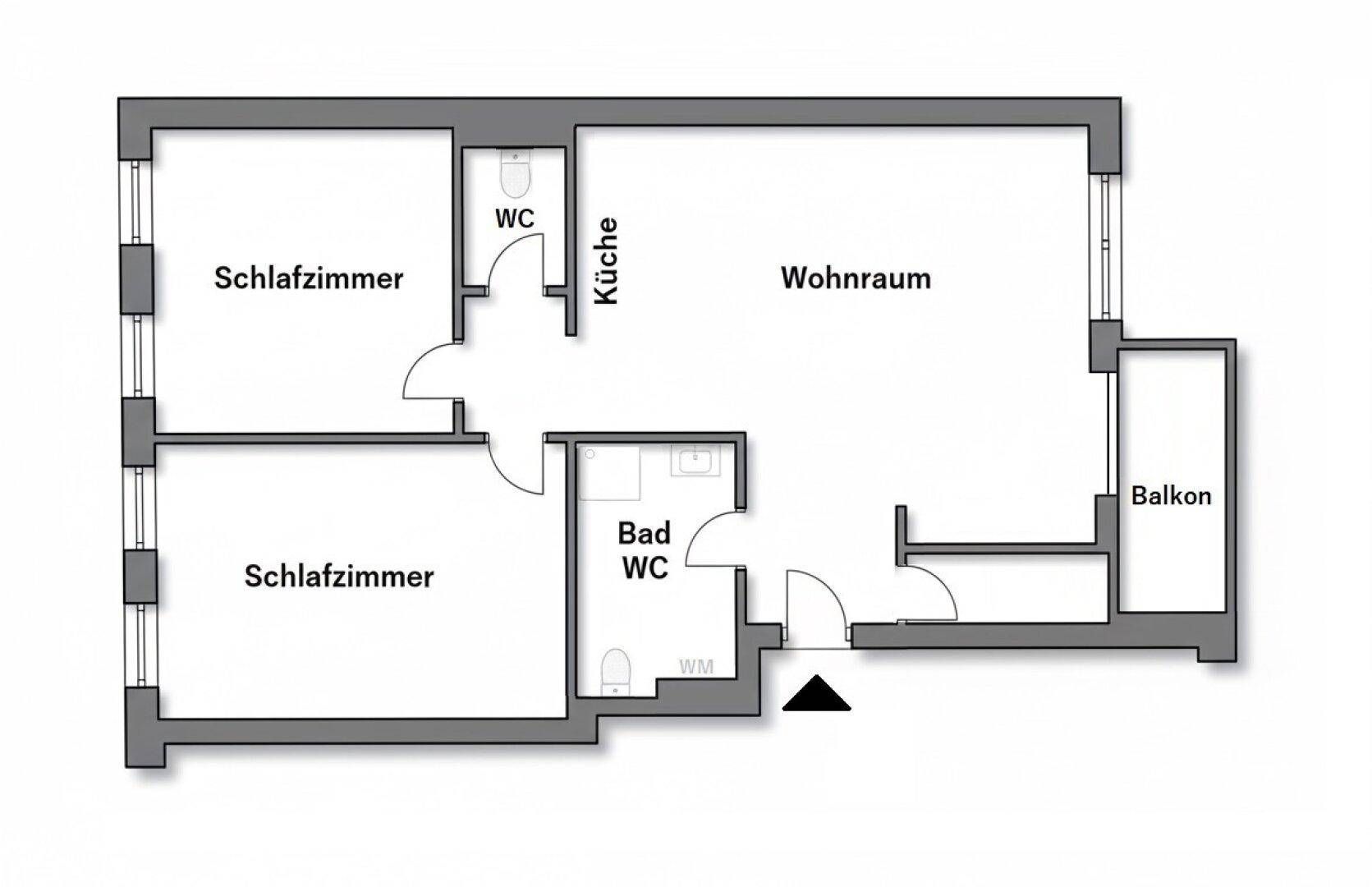 Grundriss einer Wohnung mit zwei Schlafzimmern, Wohnraum, Küche, Bad und Balkon.
