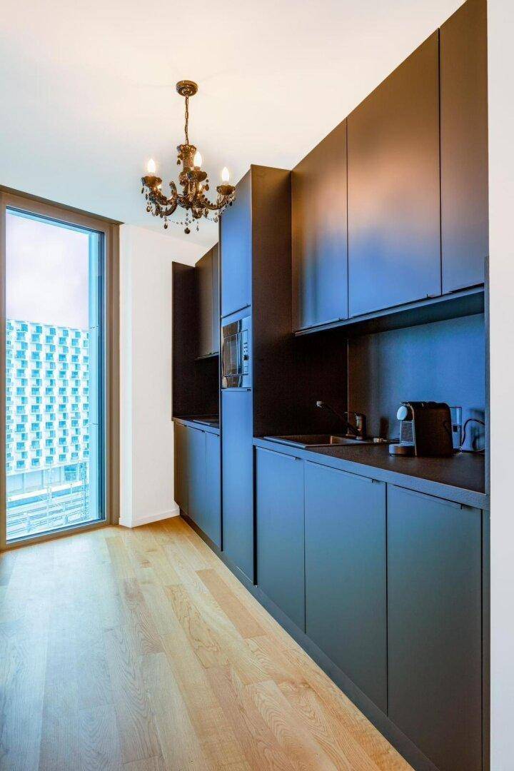 Moderne Küche mit dunklen Schränken, integrierten Geräten und hohen Fenstern.