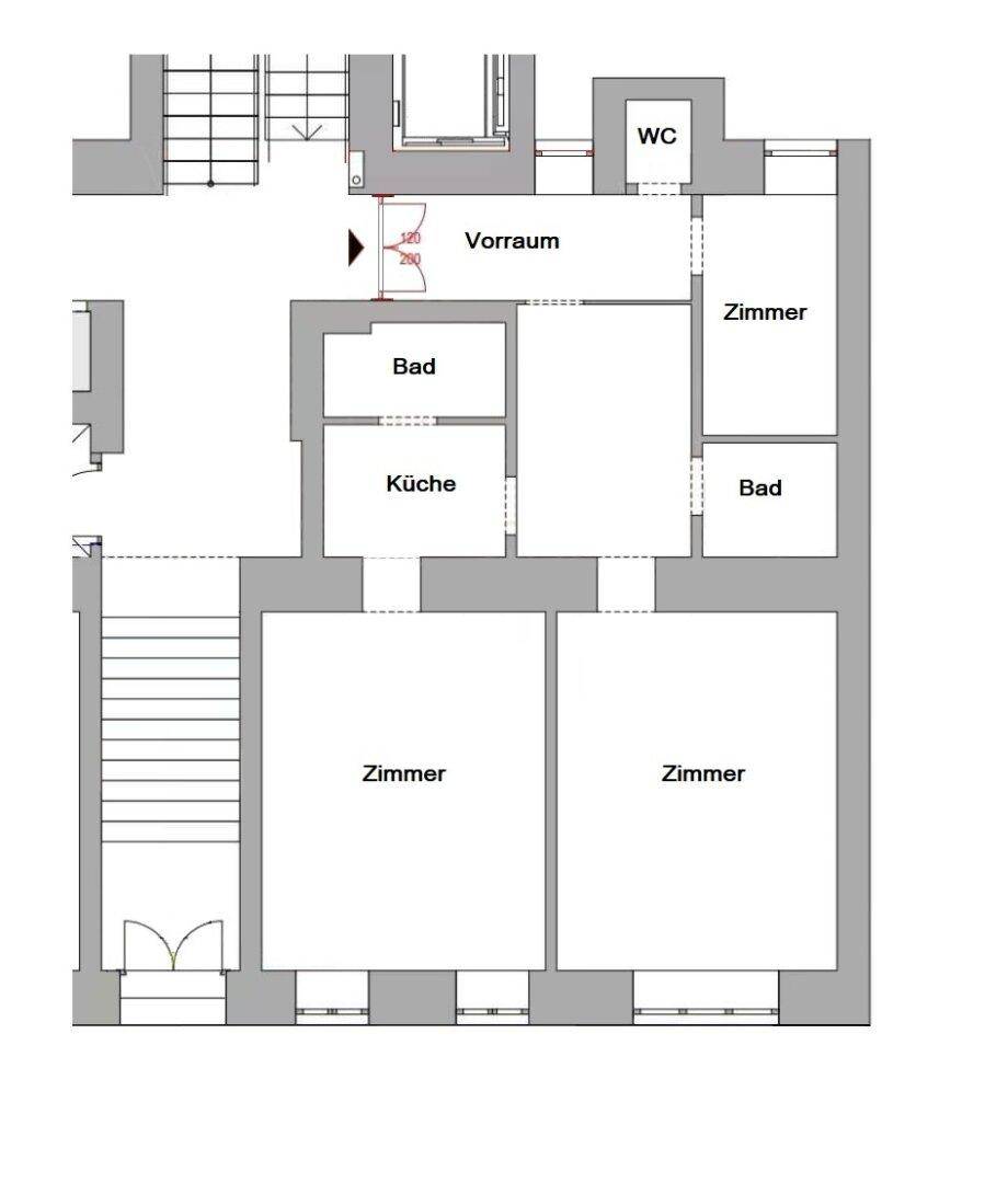 Grundriss einer Wohnung mit Vorraum, WC, Bad, Küche und mehreren Zimmern.