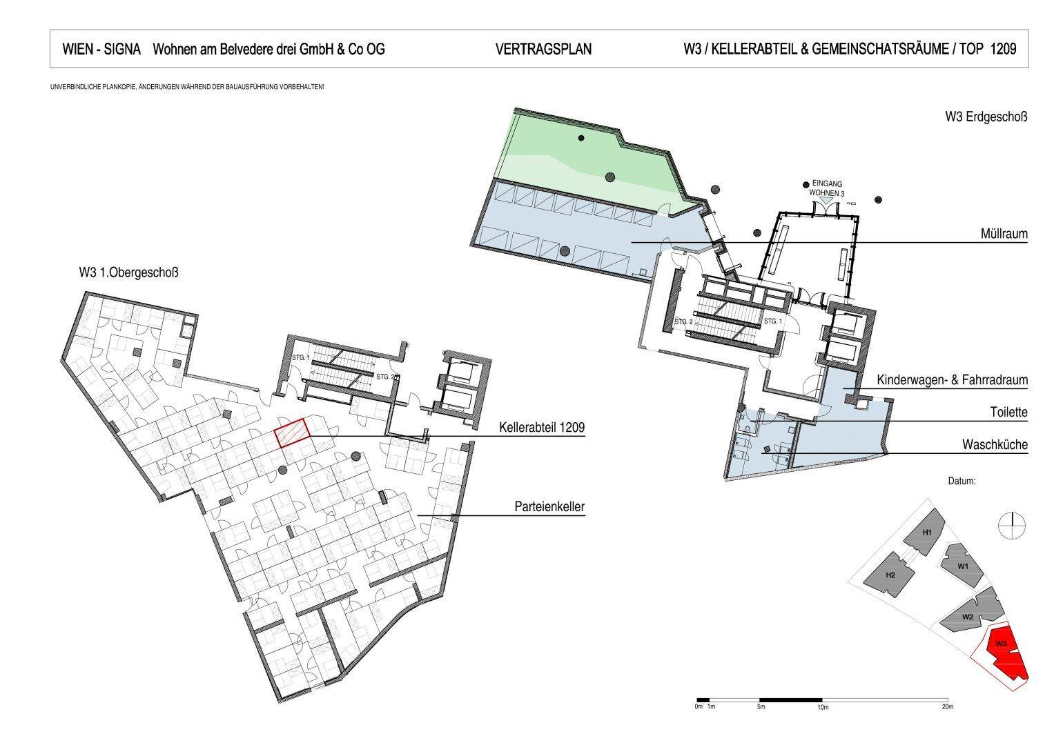 Grundriss des Kellerabteils und der Gemeinschaftsräume im Erdgeschoss.