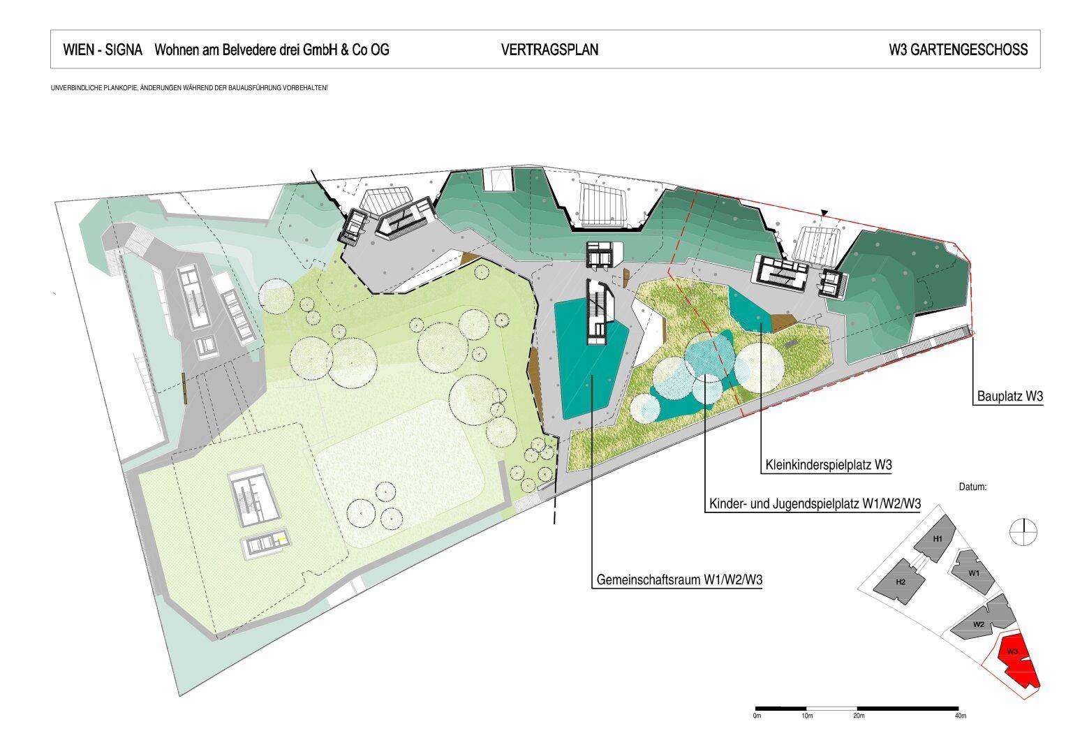 Gesamtübersicht des Gartengeschosses mit Gemeinschaftsflächen und Spielplätzen.