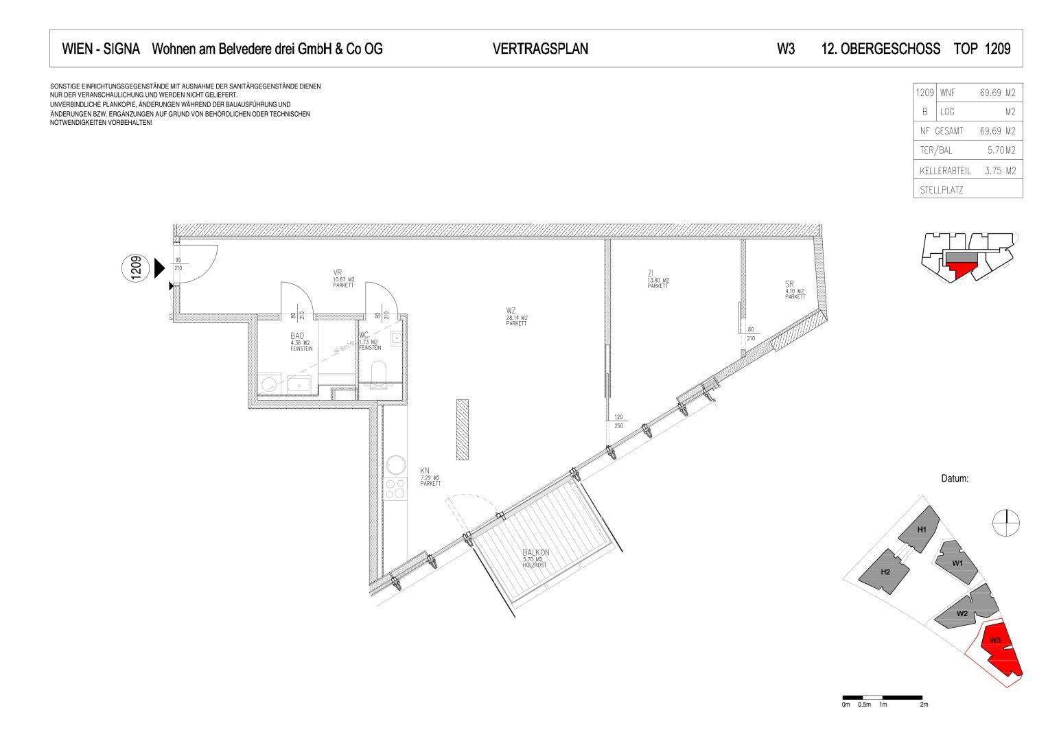 Grundriss einer Wohnung im 12. Obergeschoss mit Balkon und Kellerabteil.