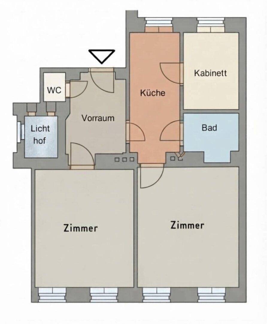 Farbiger Grundriss einer Wohnung mit zwei Zimmern, Küche, Bad und separatem WC.