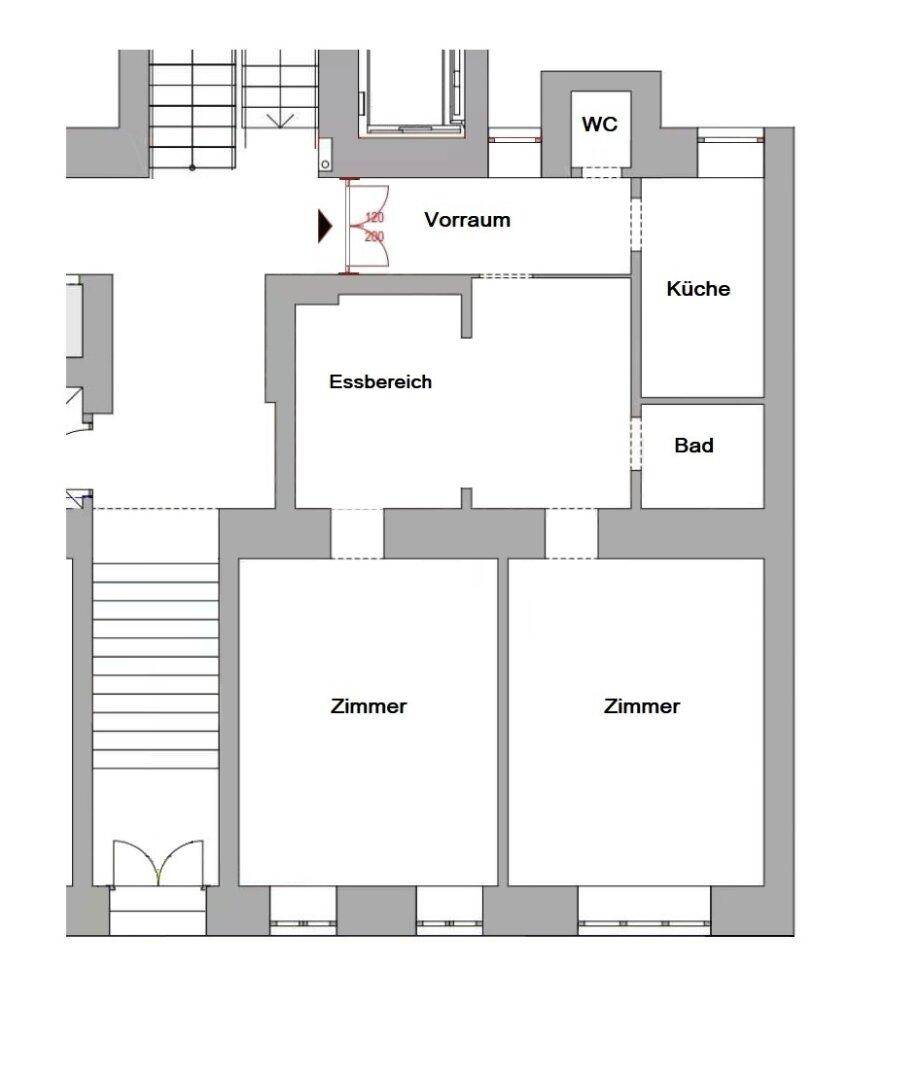 Grundriss einer Wohnung mit Vorraum, Essbereich, Küche, Bad, WC und zwei Zimmern.