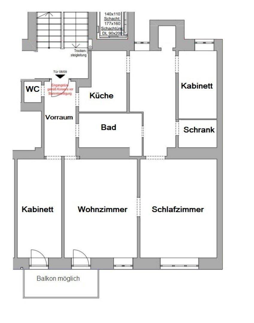 Grundriss einer Wohnung mit separater Küche, Bad, WC, Wohnzimmer, Schlafzimmer und zwei weiteren Zimmern.