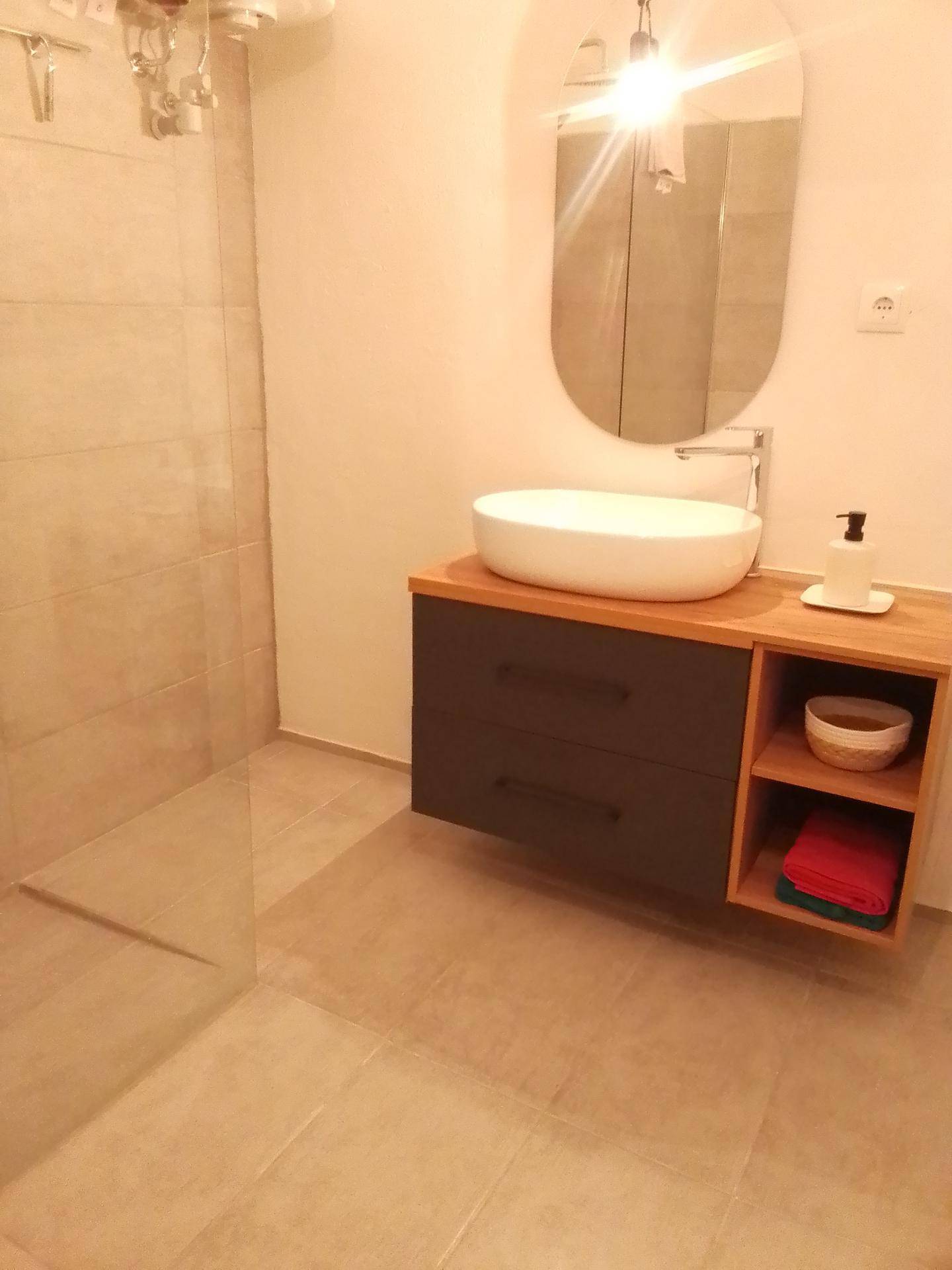 Modernes Badezimmer mit begehbarer Dusche und stilvollem Einzelwaschbecken.