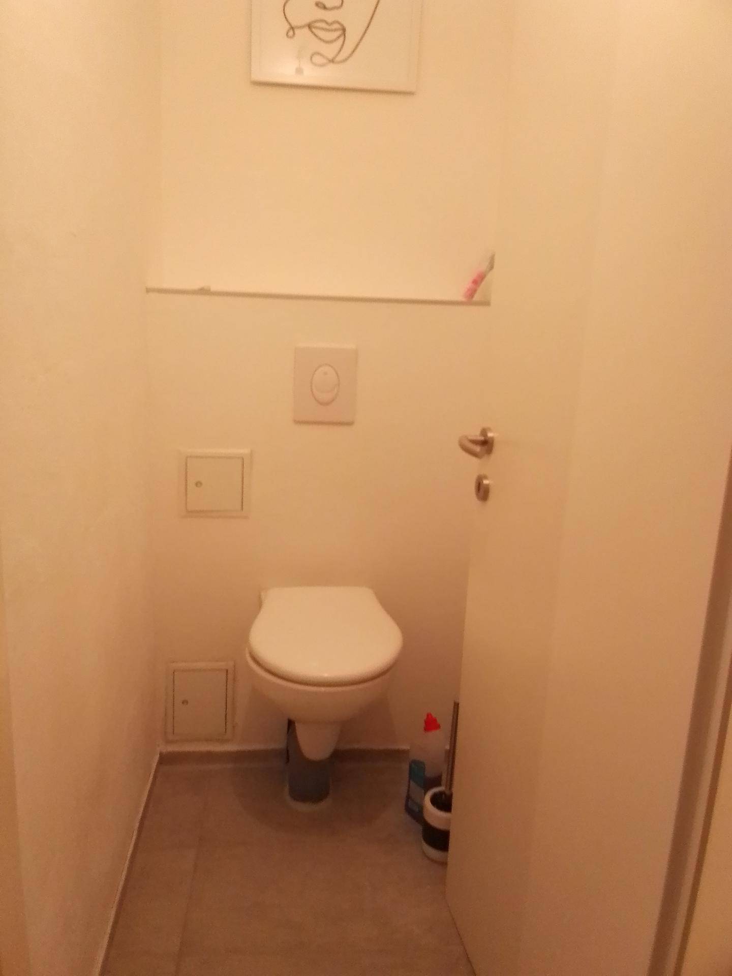 Kompaktes Gäste-WC mit Wand-WC und minimalistischer Einrichtung.