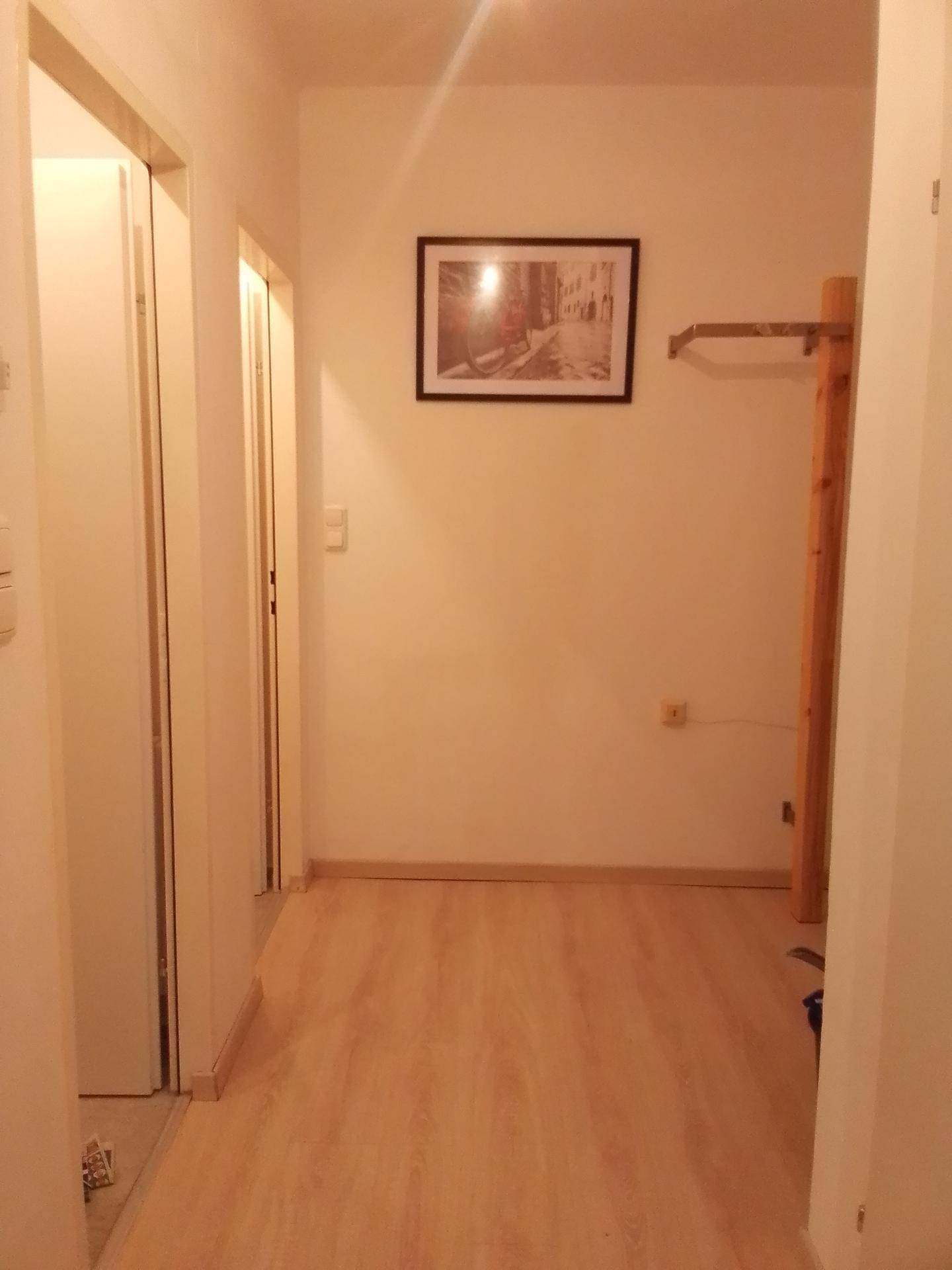 Heller Flur mit Laminatboden und Zugang zu mehreren Zimmern.