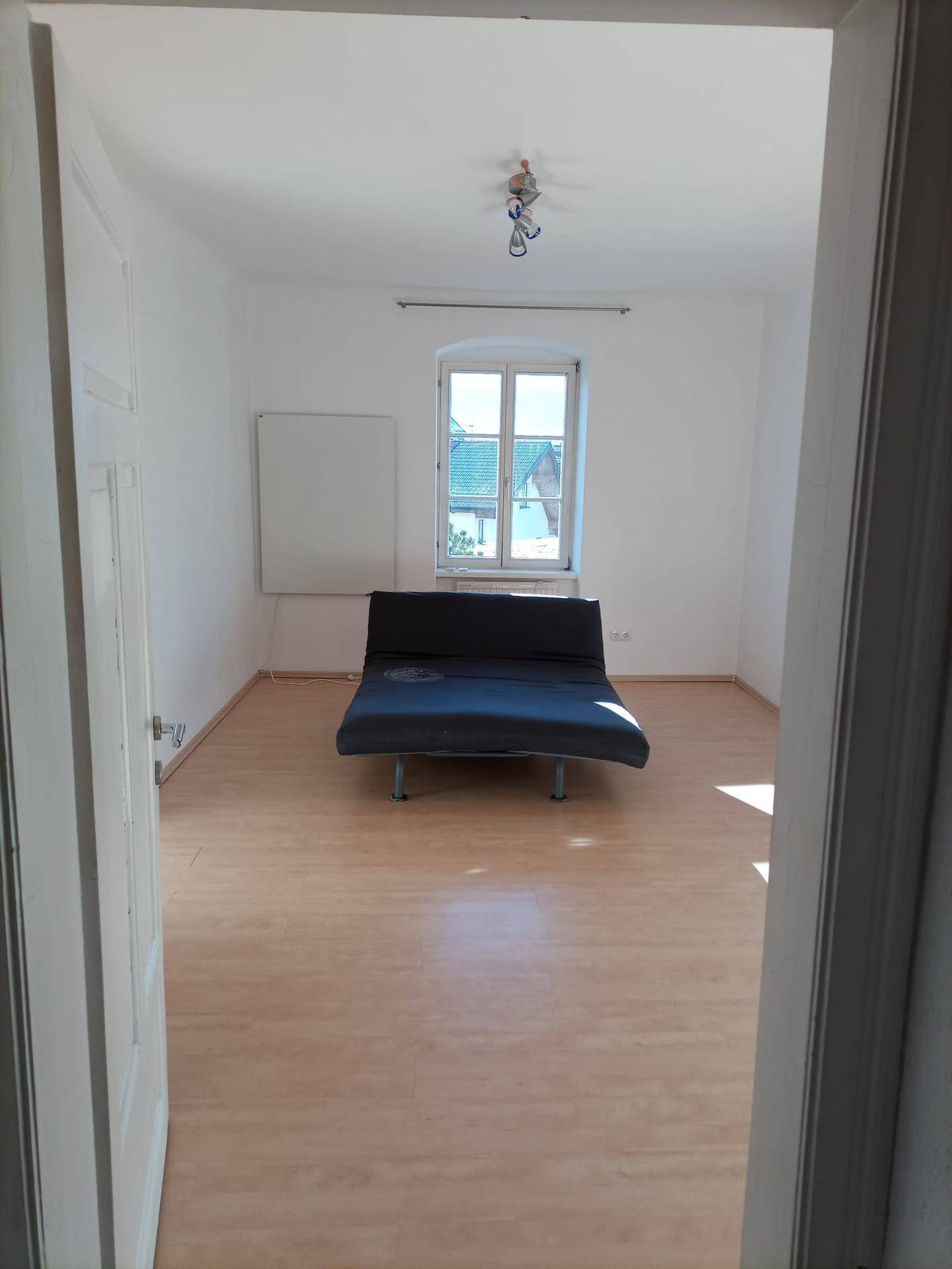 Heller Raum mit Parkettboden, weiß gestrichenen Wänden und einem Schlafsofa.