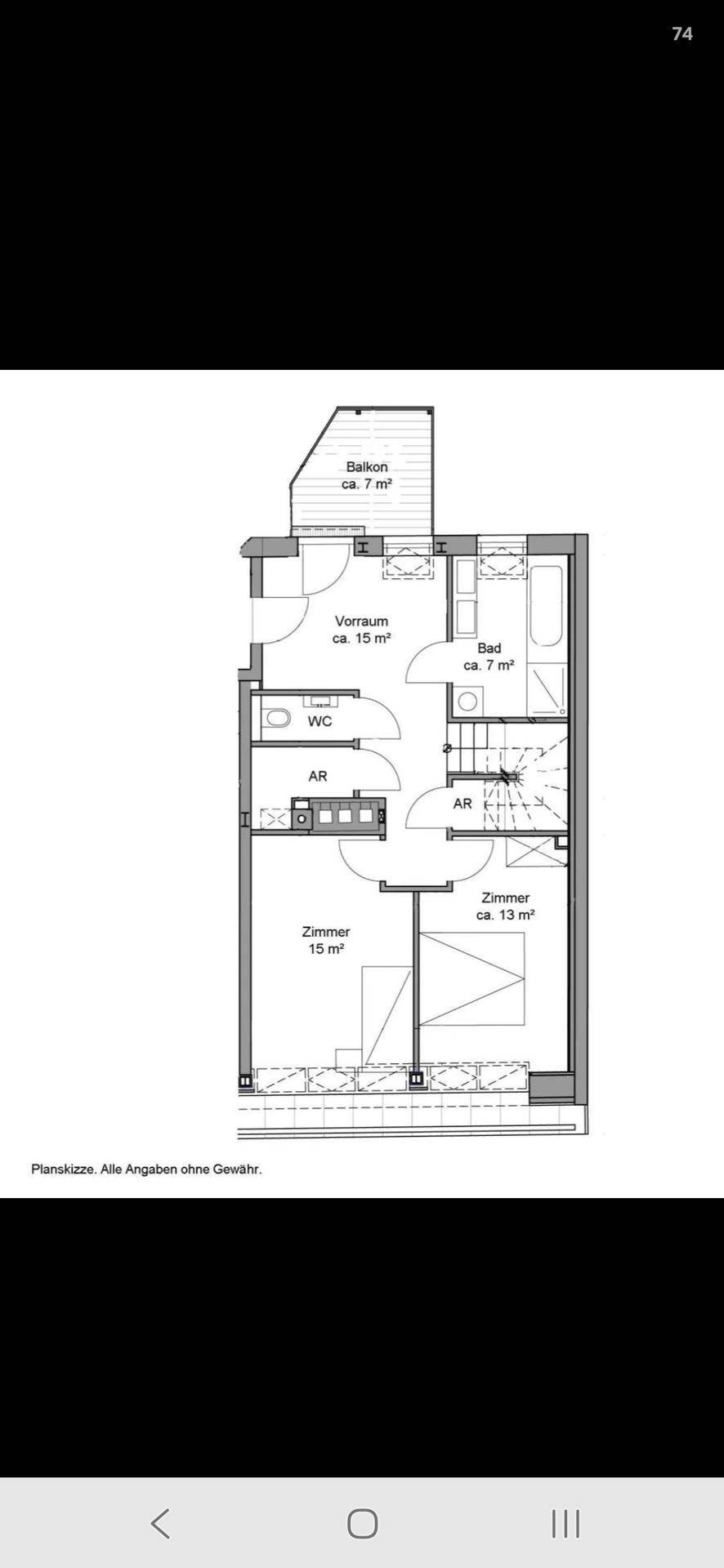 Grundriss mit zwei Zimmern, Bad, WC und Balkon im Obergeschoss des Hauses.