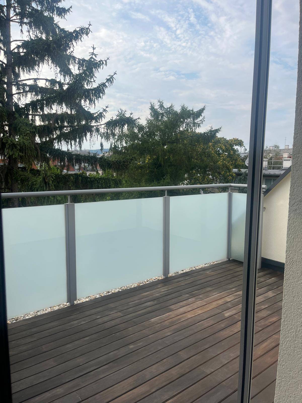 Blick von innen auf die Holzterrasse mit Milchglasgeländer und grüner Umgebung.