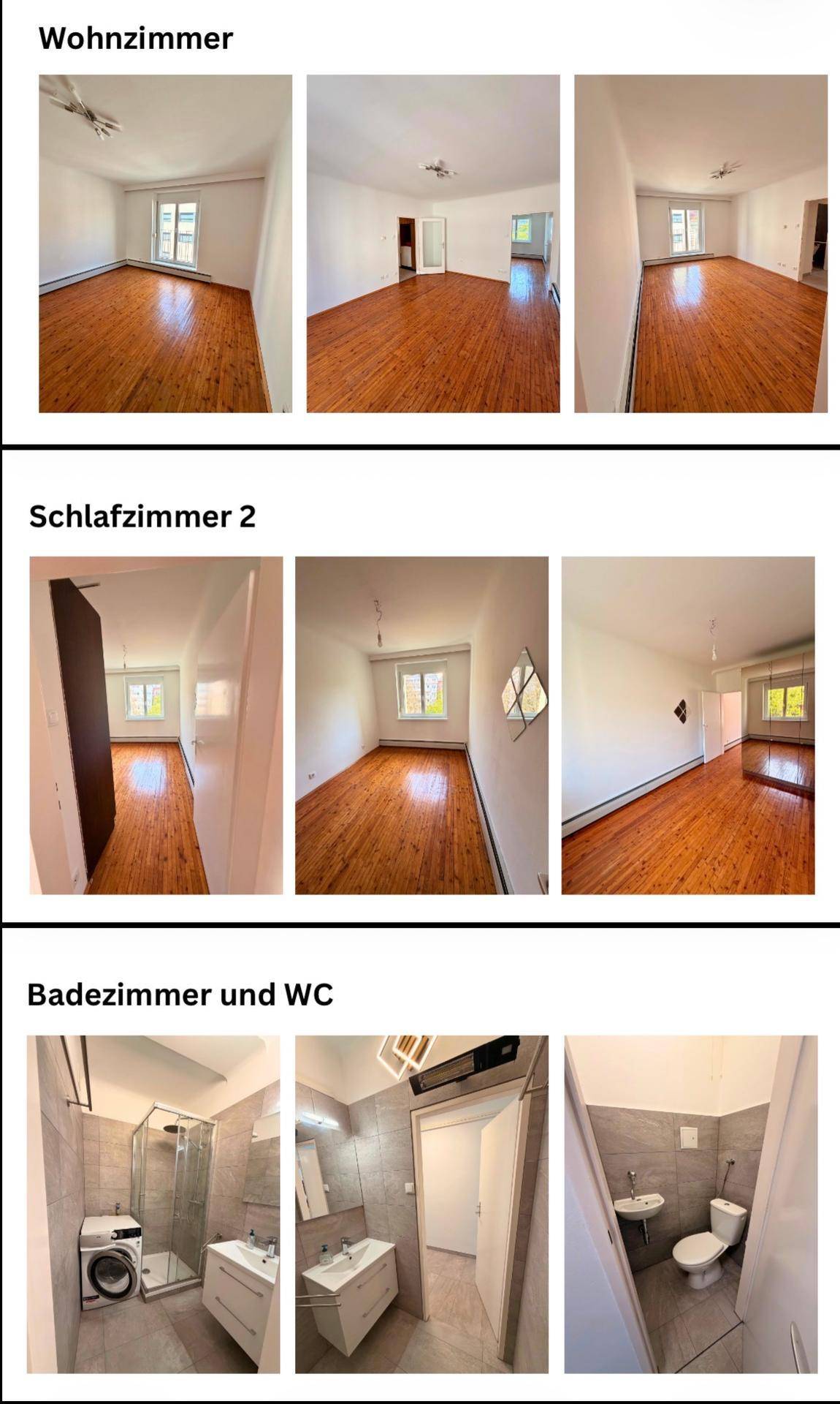 Collage mit Ansichten von Wohnzimmer, Schlafzimmer, Badezimmer und separatem WC, alle mit Holzfußboden.