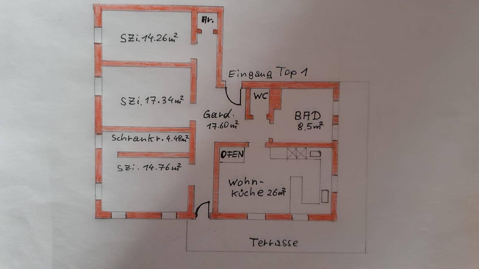 Handgezeichneter Grundriss mit Raumaufteilung und Flächenangaben für die Wohnung.