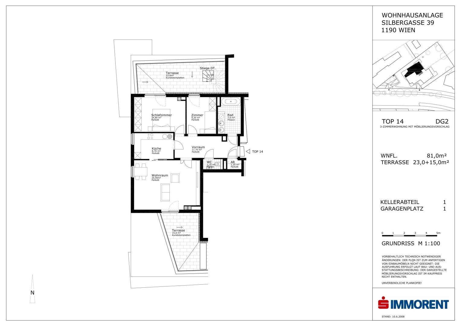 Grundriss der Wohnung TOP 14 mit 81m² Wohnfläche und zwei Terrassen von insgesamt 38m².