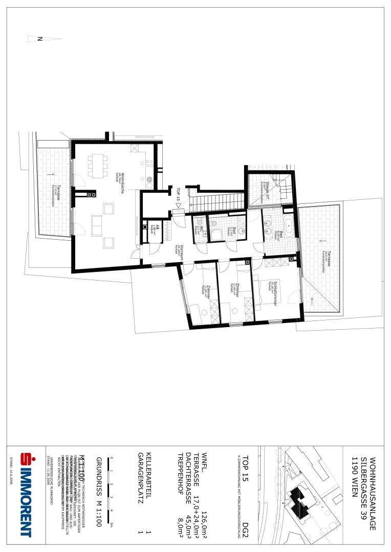 Grundrissplan einer Wohnung mit Terrasse, Kellerabteil und Garagenplatz, übersichtlich dargestellt.