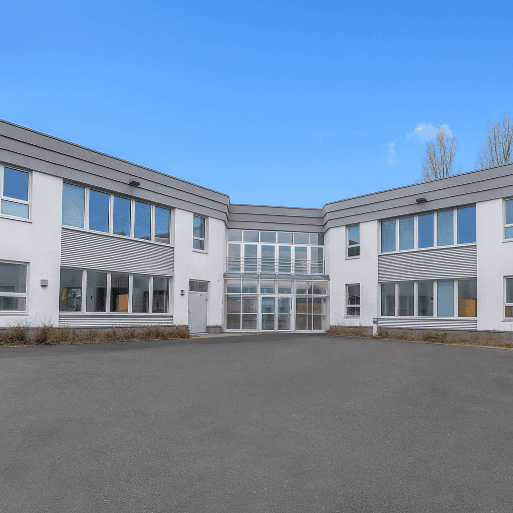 Moderne Gebäudefassade mit großen Fenstern und einem weitläufigen gepflasterten Innenhof.