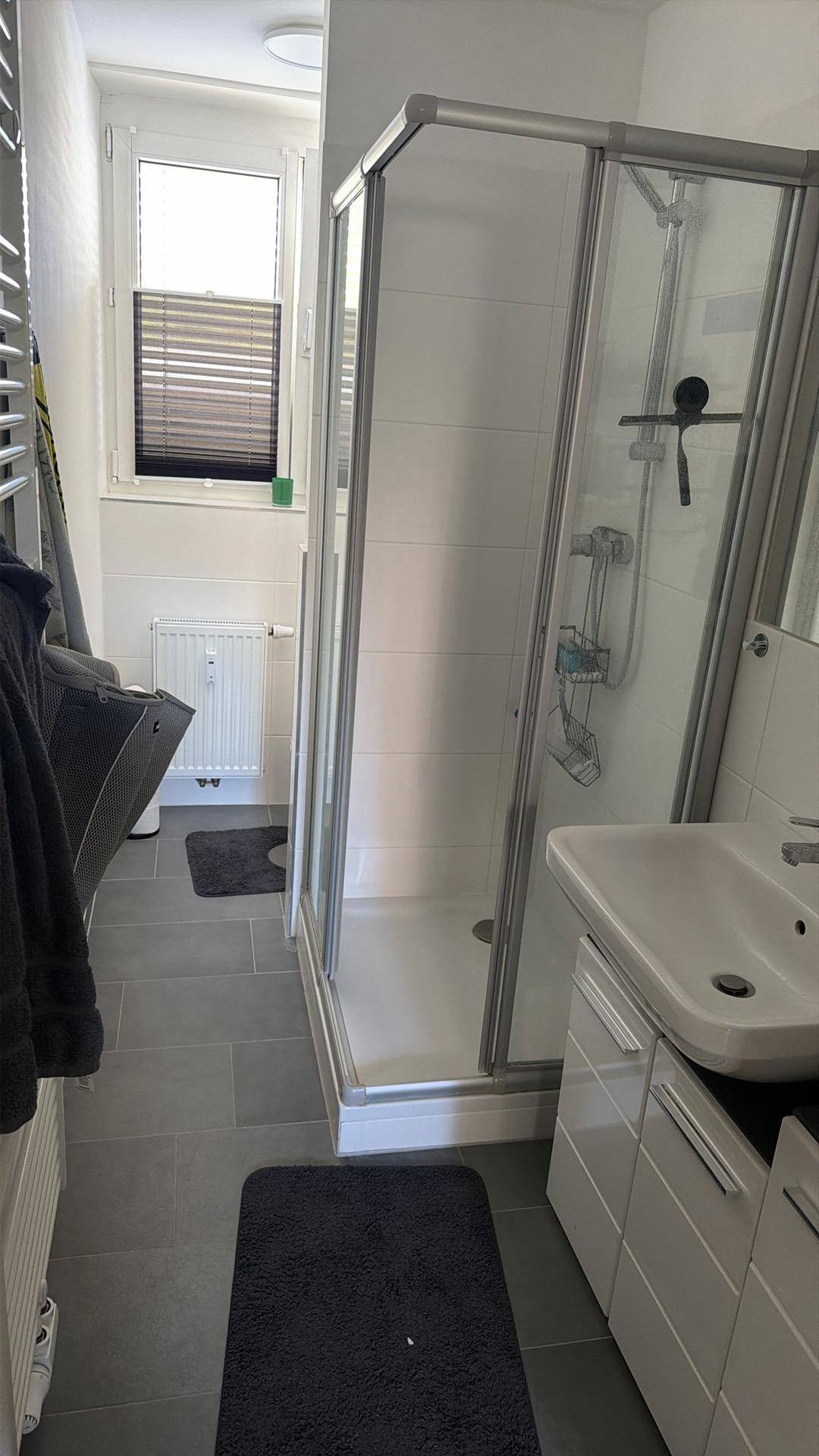 Modernes Badezimmer mit Duschkabine, Waschbecken und Fenster.