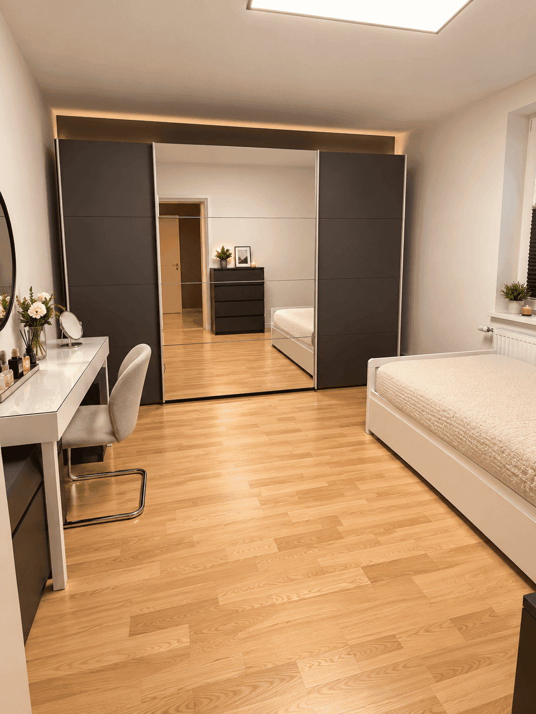 Helles Schlafzimmer mit Holzboden, großem Spiegelschrank und Schminktisch.