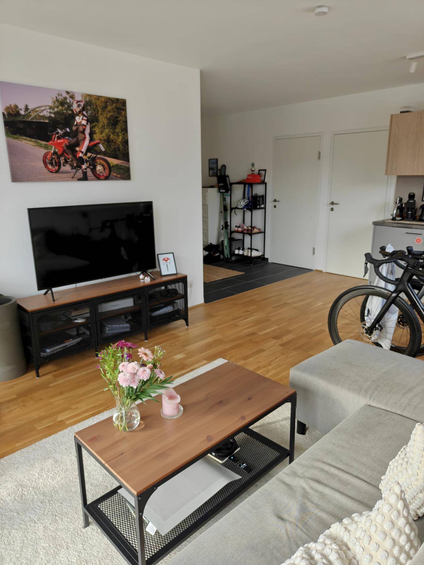 Gemütliches Wohnzimmer mit Holzboden und Blick auf den offenen Eingangsbereich und die Küche.