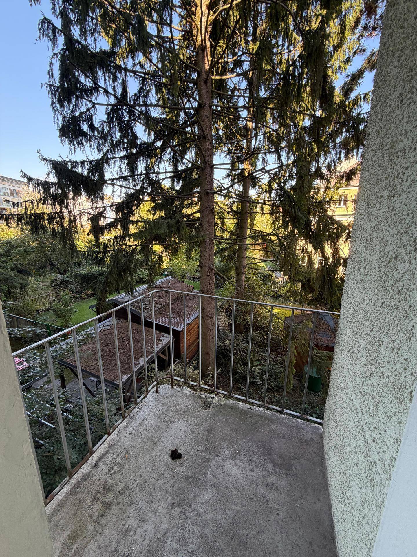 Kleiner Balkon mit Metallgeländer und Blick auf grüne Bäume und einen Hinterhofbereich.