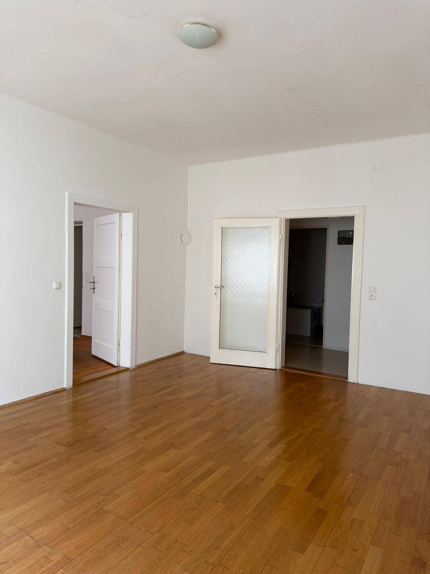 Helles Wohnzimmer mit Parkettboden und zwei Türen, eine davon mit Milchglas, verbindet mehrere Räume.