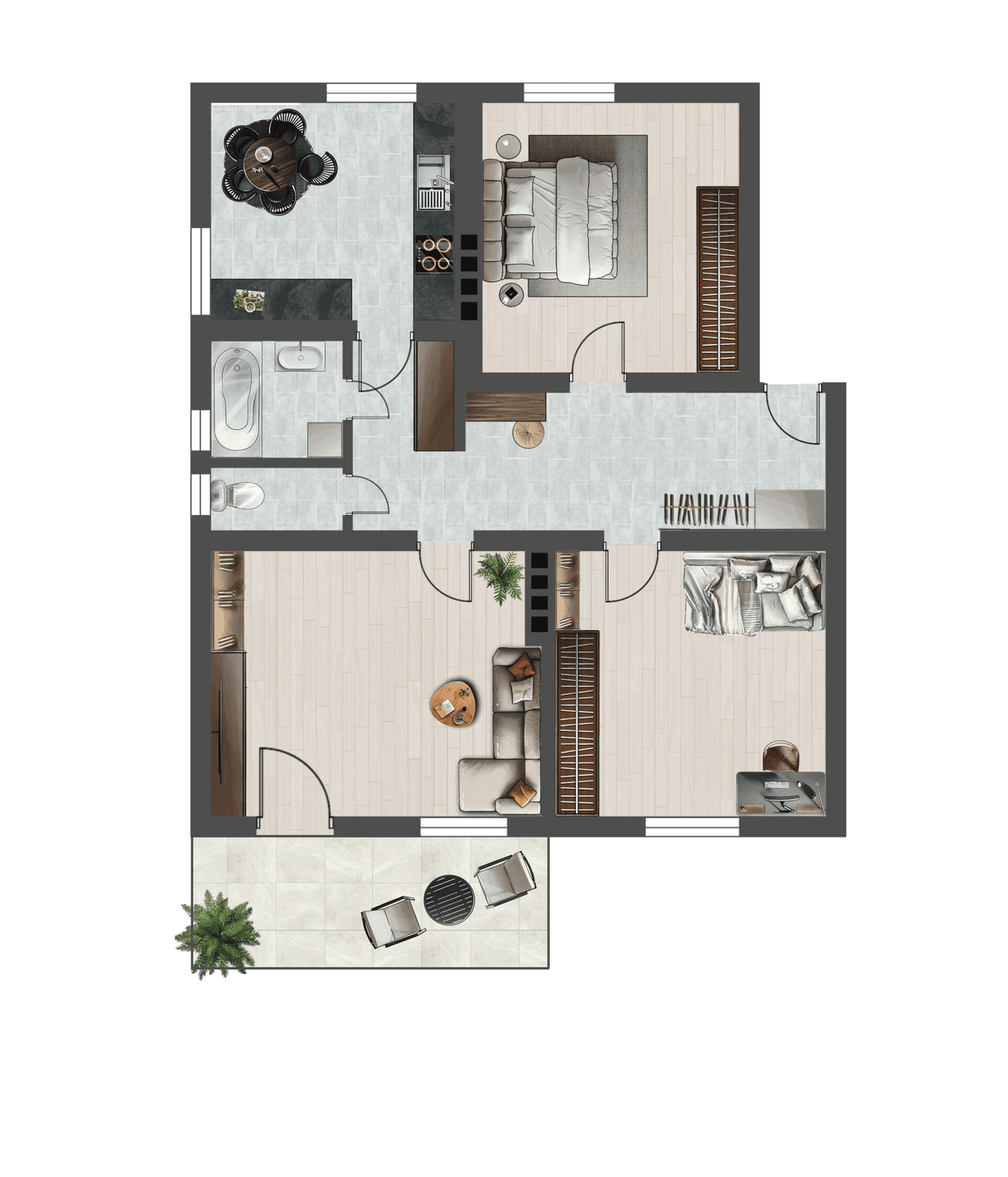 Moderner Grundriss mit zwei Schlafzimmern, offenem Wohnbereich und einer Terrasse.
