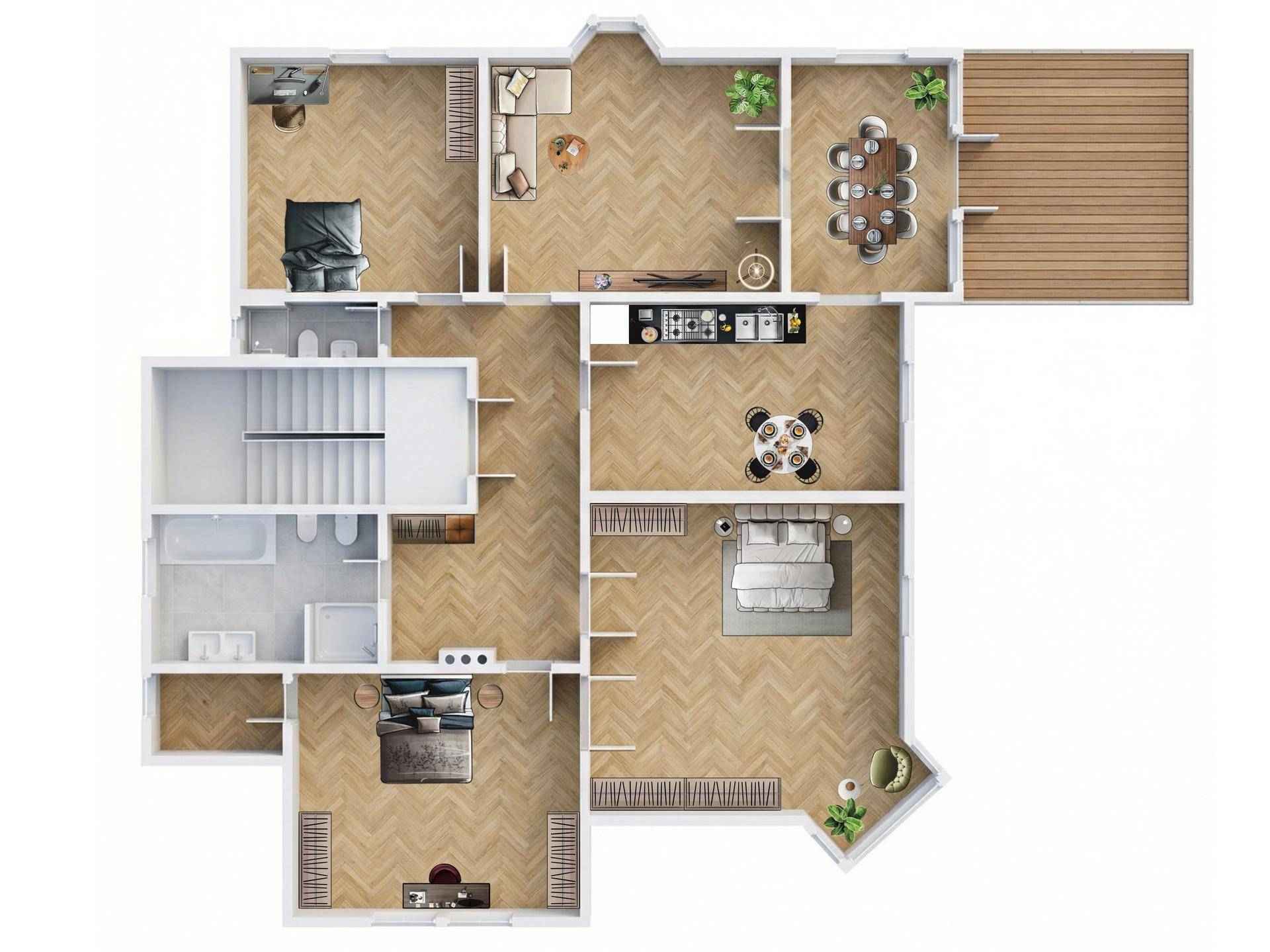 Detaillierter Grundriss der Wohnung mit mehreren Zimmern und Terrasse.