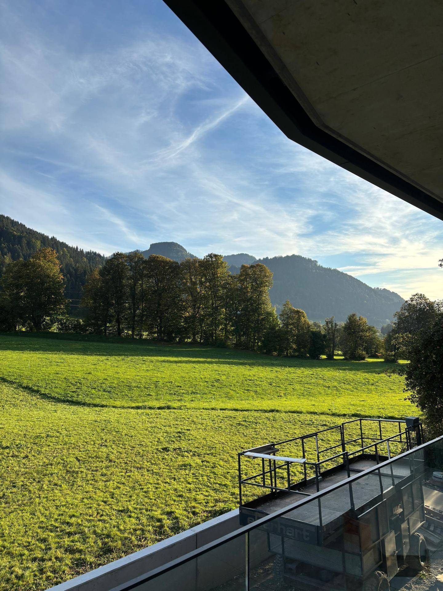 Sonniger Ausblick von einem Balkon auf weite grüne Wiesen und eine malerische Berglandschaft.