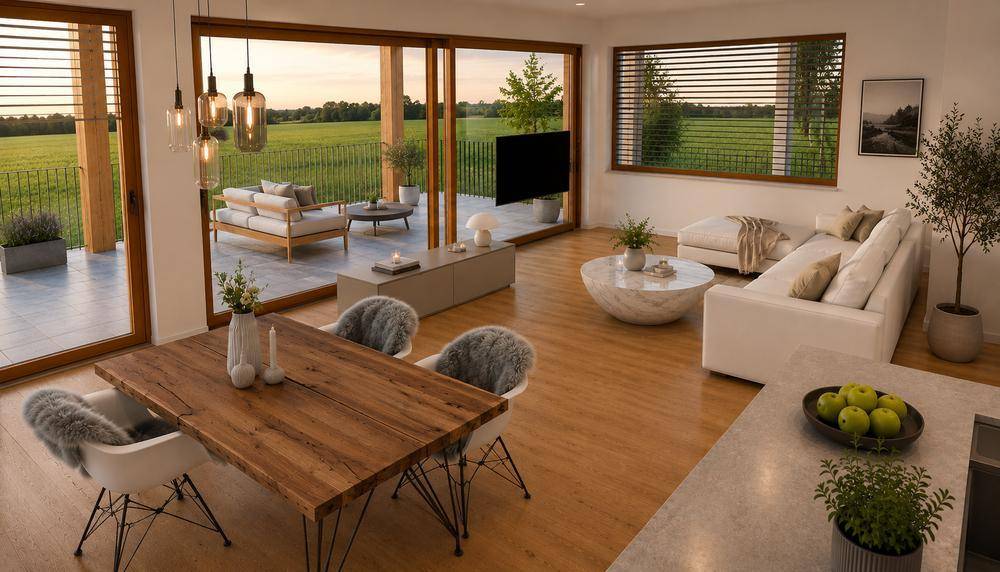 Heller offener Wohn-Essbereich mit Holzboden, großen Fenstern und Zugang zur Terrasse mit Feld- und Wiesenblick.