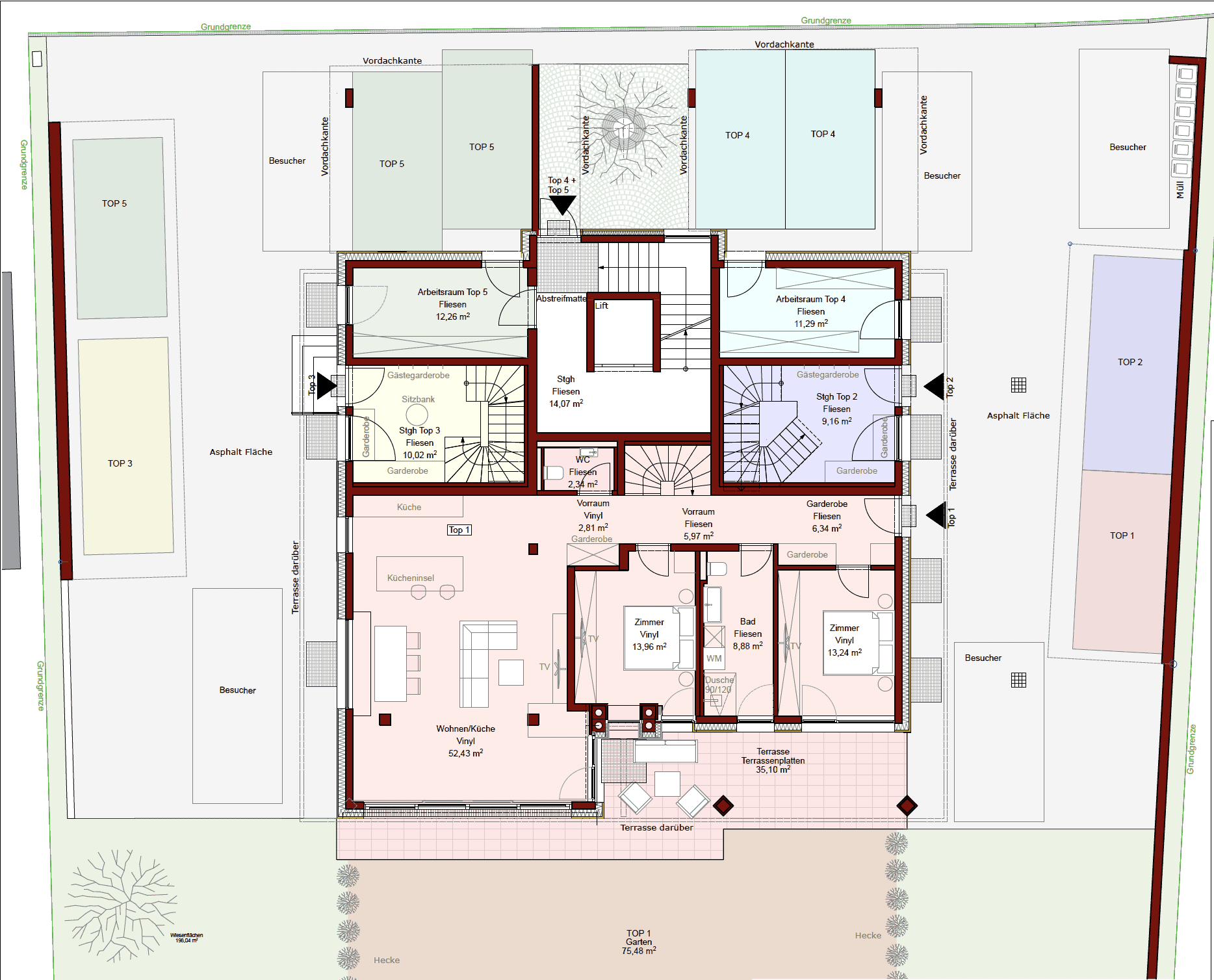 Detaillierter Grundriss der Erdgeschosswohnung TOP 1 mit Garten, Terrasse und offener Wohnküche.