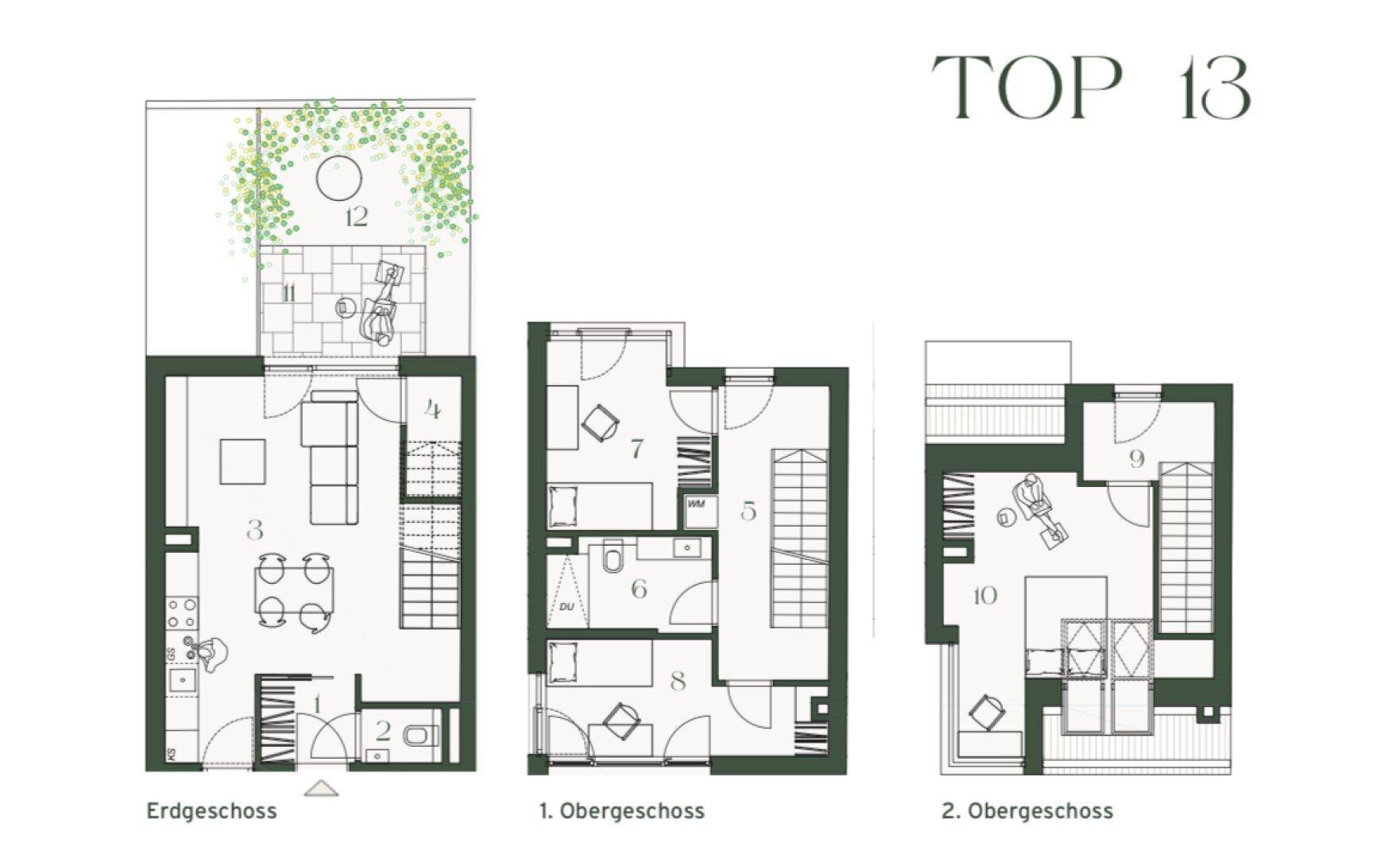 Grundriss einer dreistöckigen Wohnung mit offener Wohnküche, Terrasse und mehreren Schlafzimmern.
