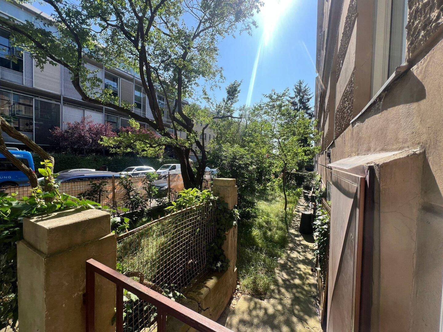Blick auf eine schmale, bewachsene Passage zwischen einem Altbau und einem modernen Gebäude mit viel Grün und Sonnenschein.