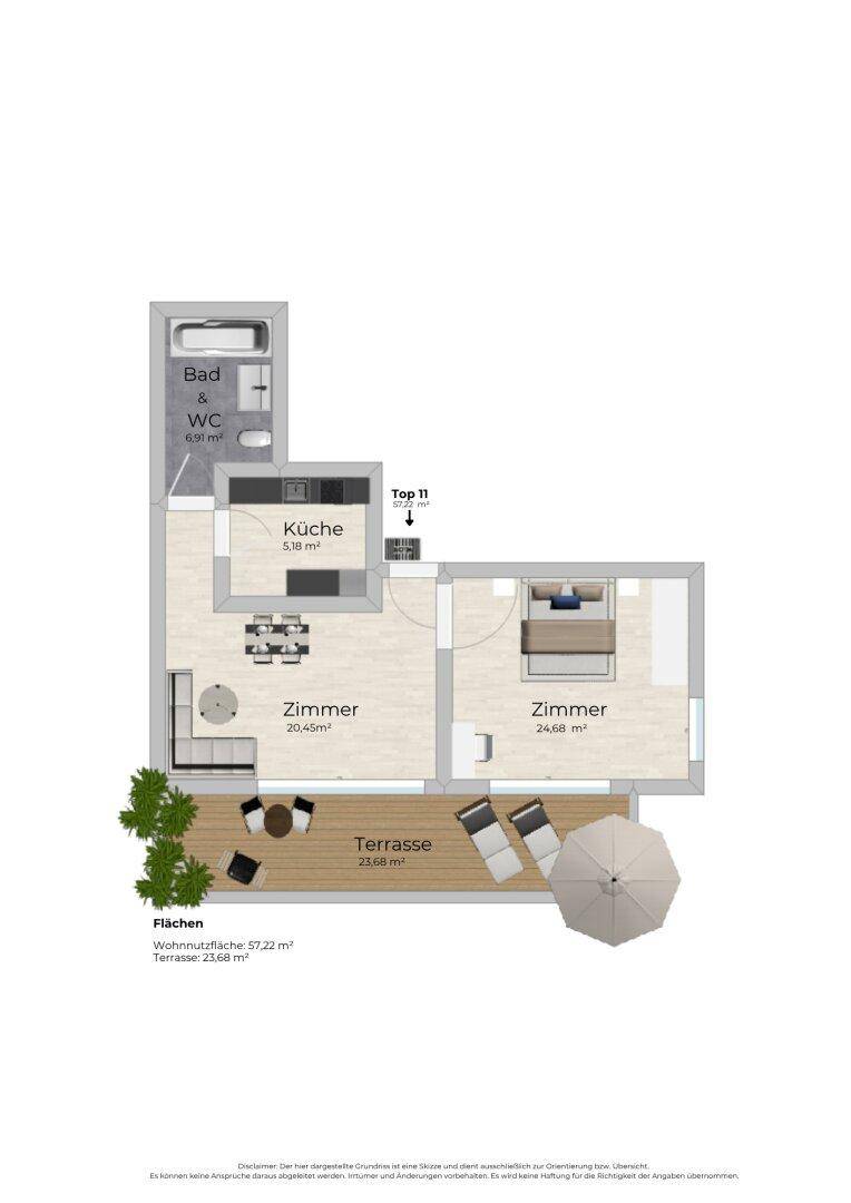 Grundriss einer Wohnung mit offenem Wohnbereich, Schlafzimmer und großer Terrasse.