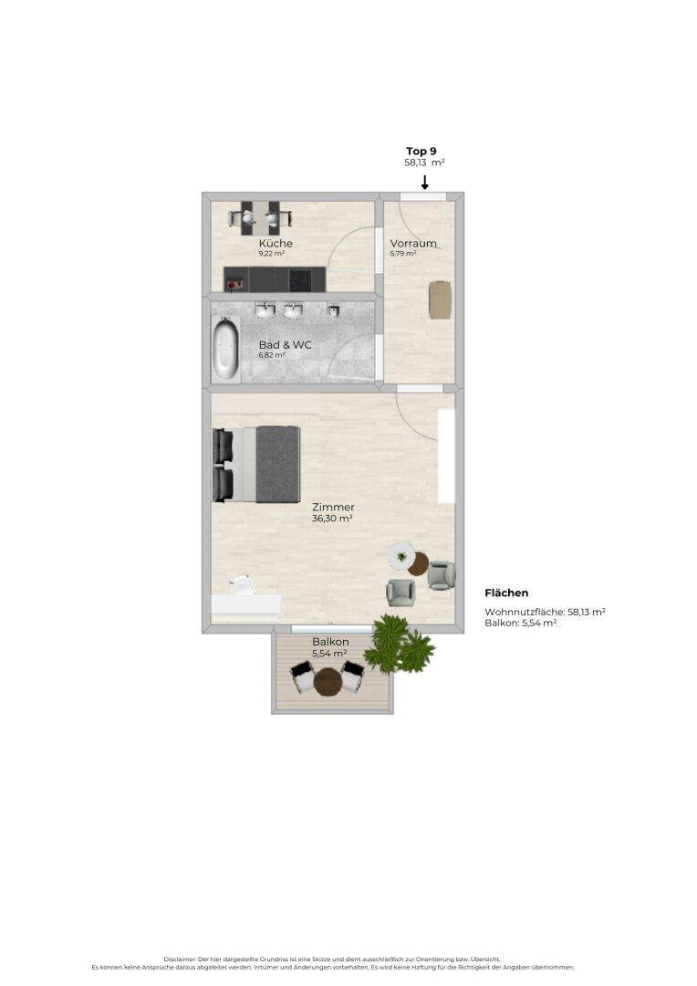 Grundriss einer Wohnung mit separater Küche, Bad und einem großen Wohn-/Schlafzimmer sowie Balkon.
