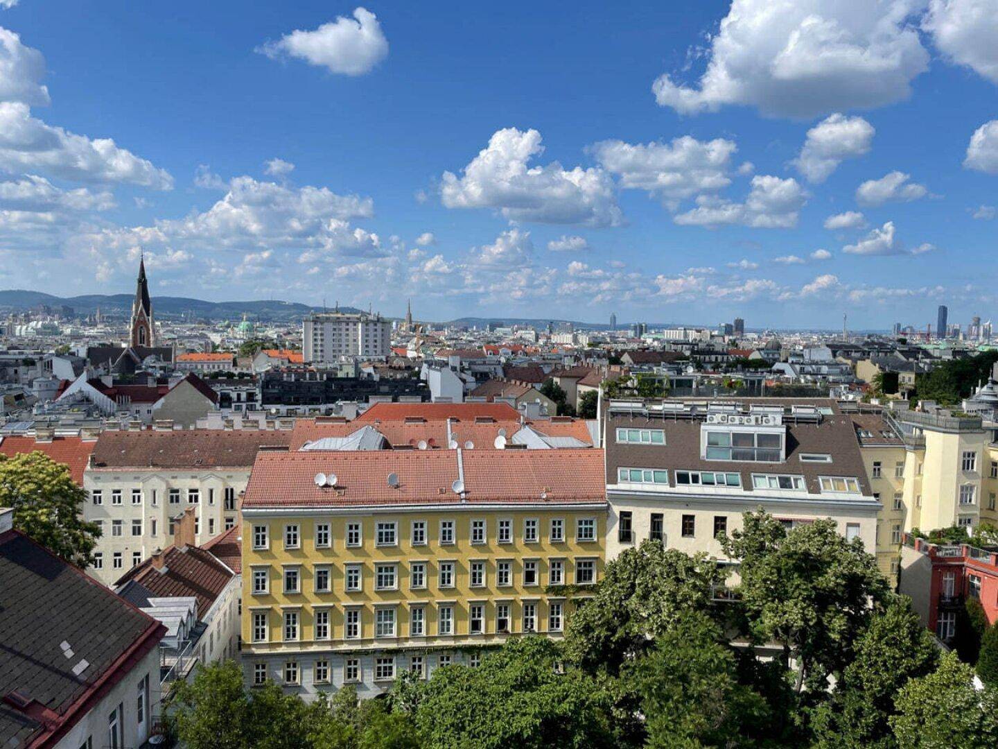Weitläufiger Panoramablick über die Stadt mit historischer Architektur und viel Grün unter blauem Himmel.