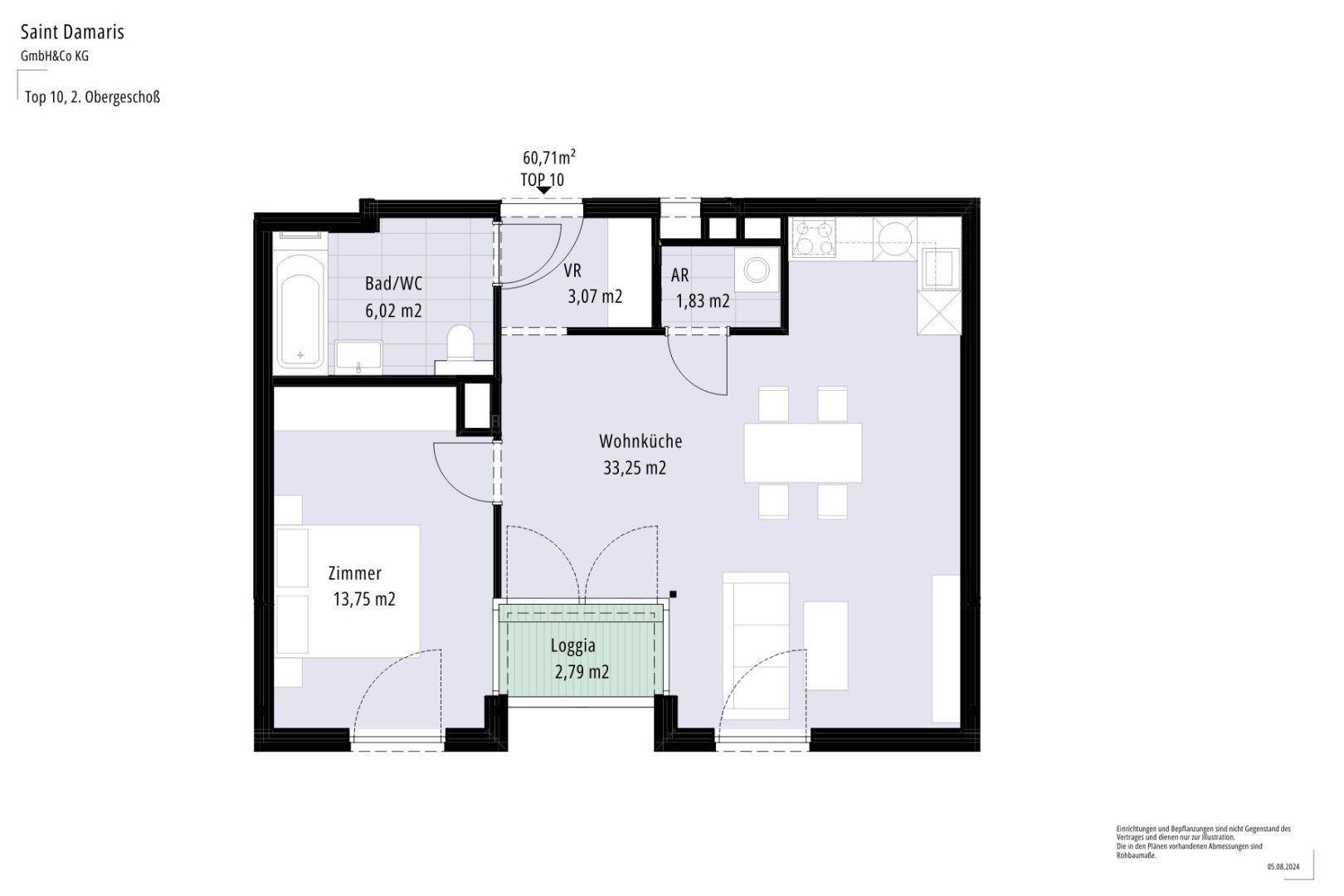 Grundriss einer Wohnung mit Wohnküche, einem Zimmer, Bad und Loggia.