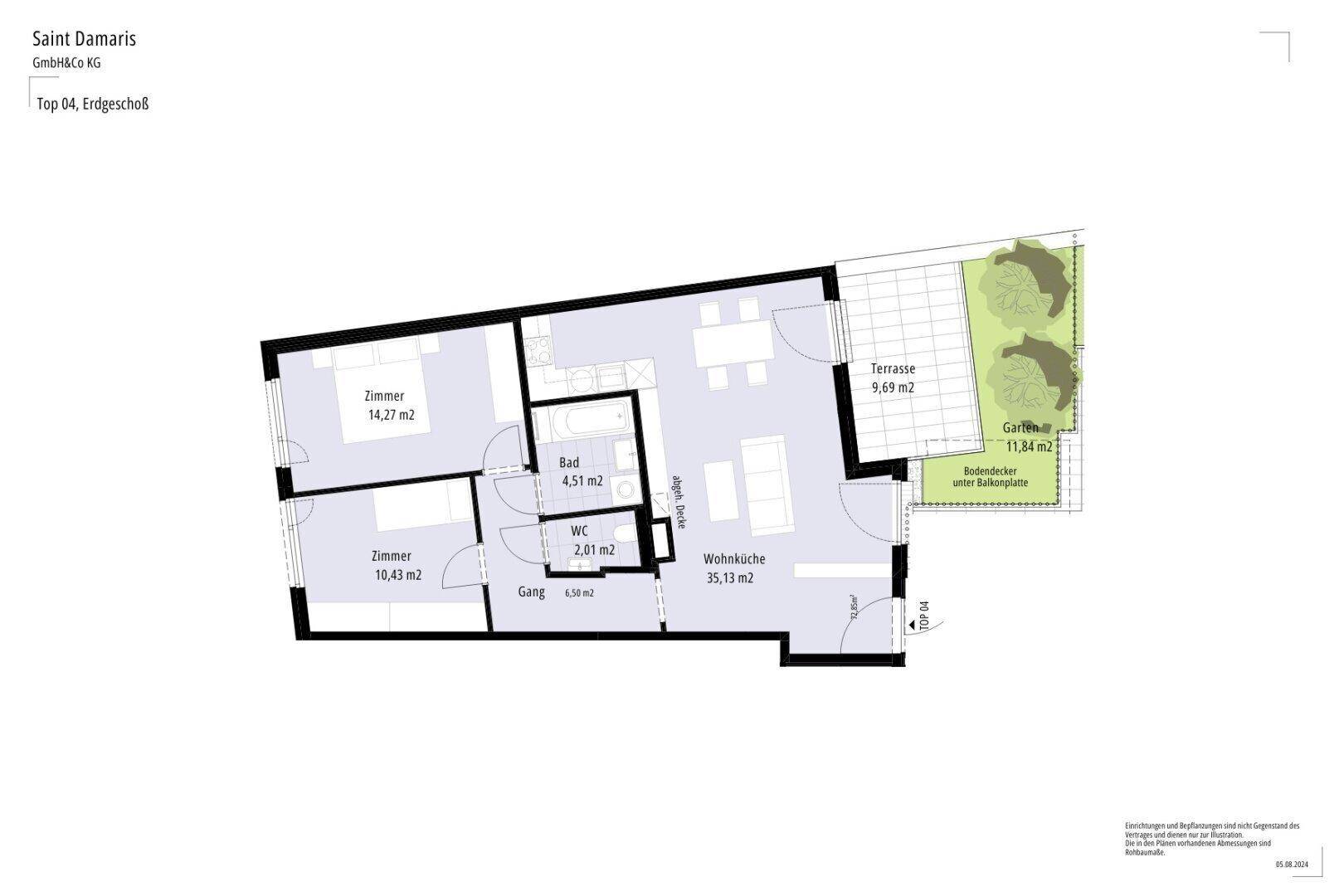 Grundriss des Erdgeschosses mit Wohnküche, zwei Zimmern, Bad, WC, Terrasse und Garten.
