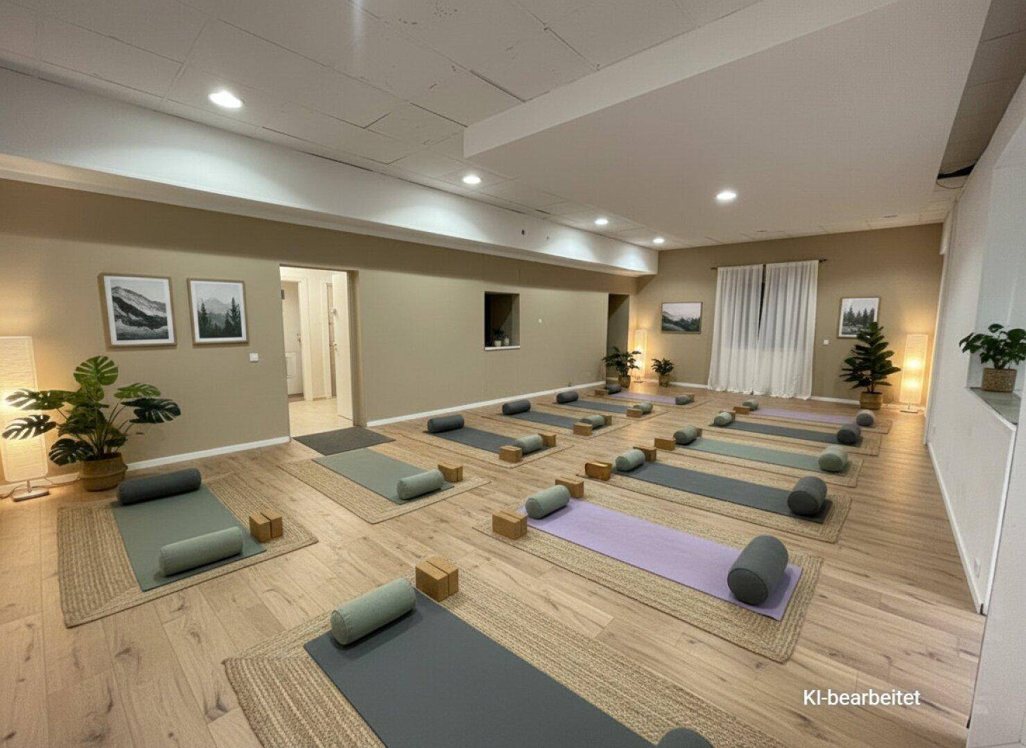 Ruhiger Yogaraum mit Holzboden, Yogamatten und beruhigender Dekoration, perfekt für Entspannung und Kurse.