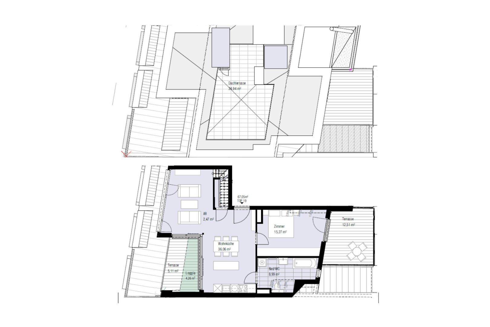 Grundriss zeigt die Aufteilung der Dachgeschosswohnung mit Terrassen und Zimmern.