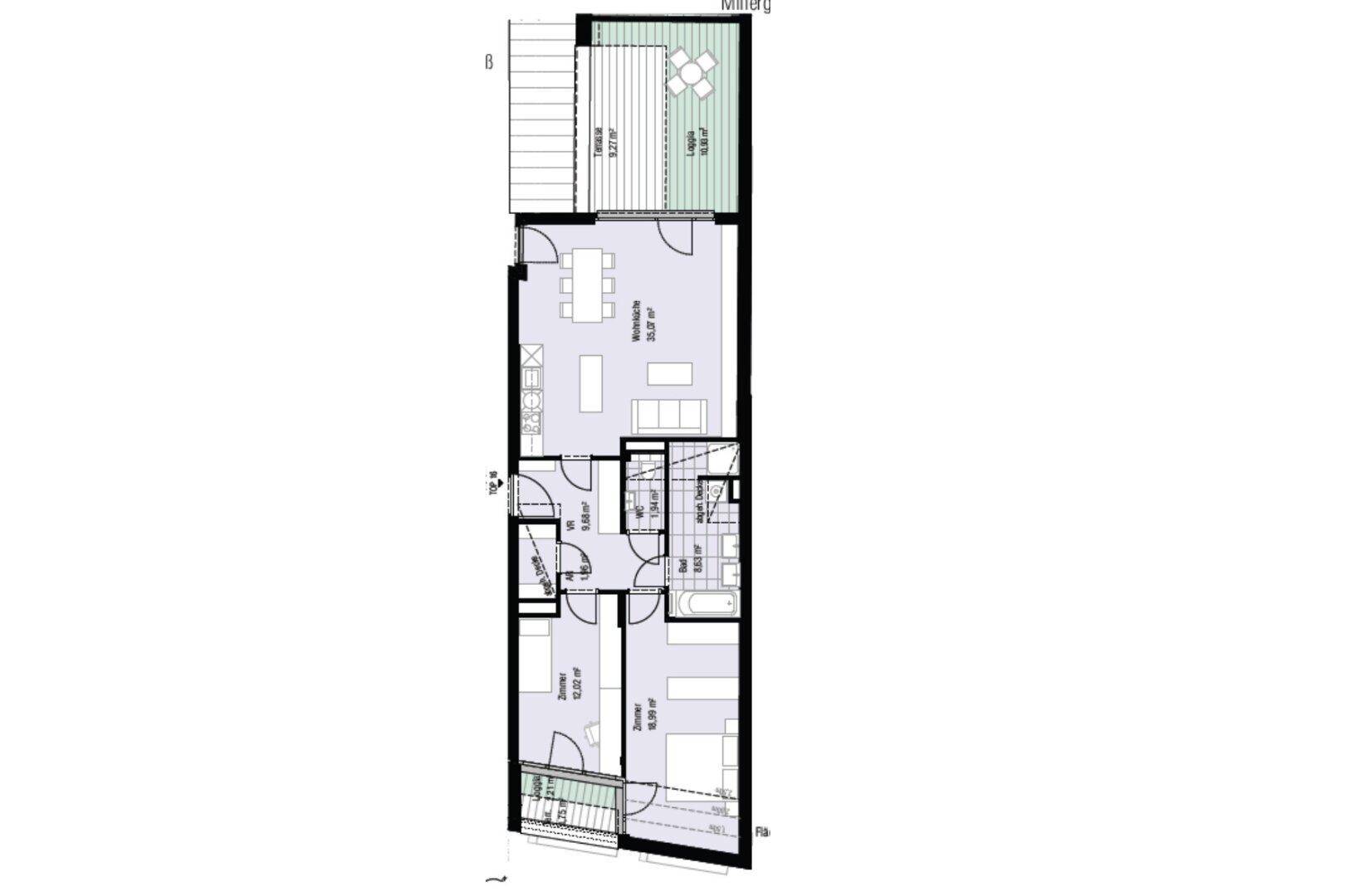Detaillierter Grundriss einer Wohnung mit Terrasse und Loggia, zeigt die Raumaufteilung.