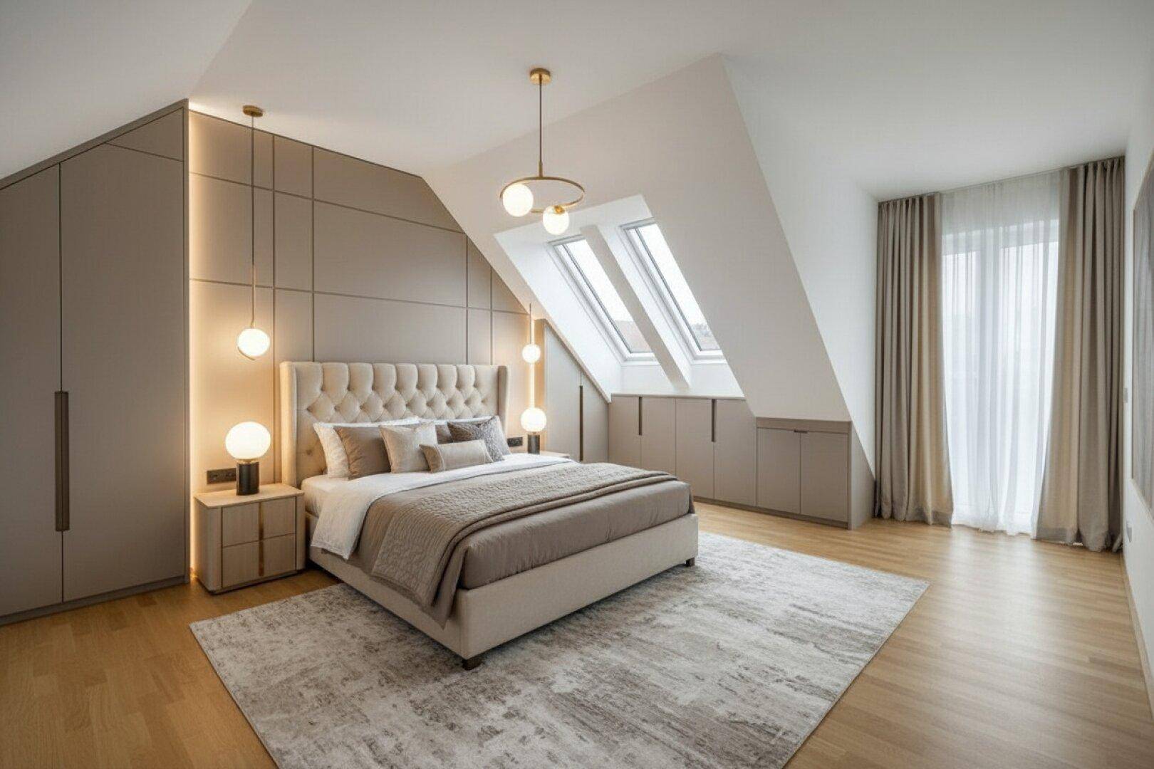 Modern eingerichtetes Schlafzimmer im Dachgeschoss mit Holzboden, Einbauschränken und Dachfenstern.
