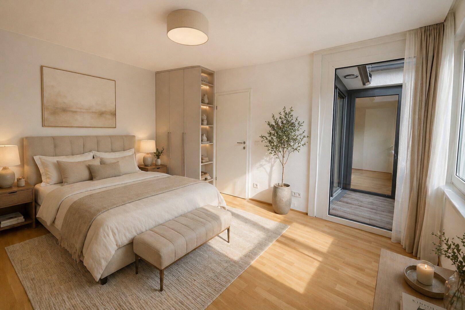 Modernes Schlafzimmer mit Doppelbett, Einbauschrank und Zugang zu einem kleinen Außenbereich.