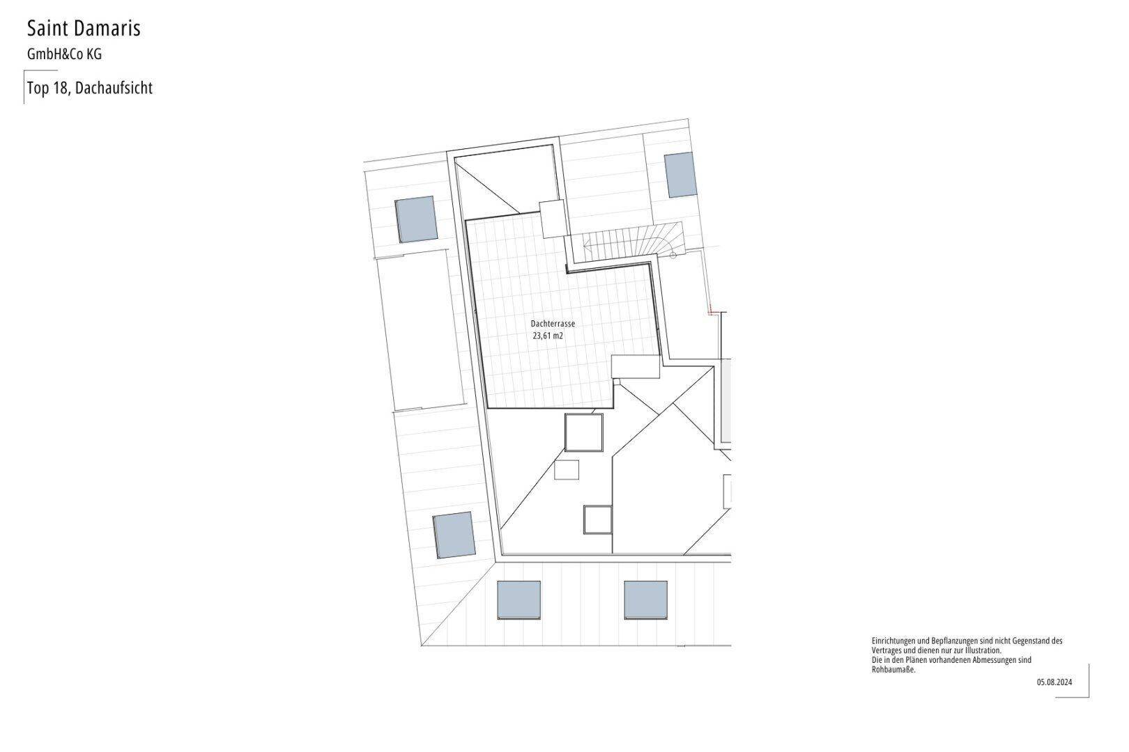 Dachaufsicht des Gebäudes zeigt die Anordnung der Dachterrasse und Dachfenster.