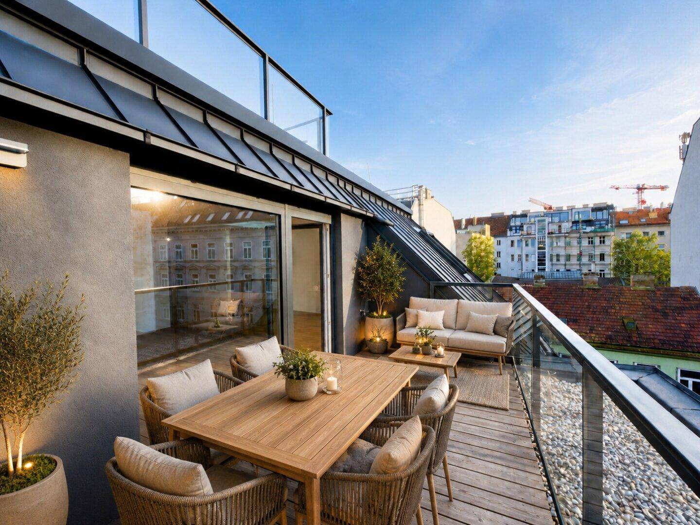 Gemütliche Terrasse mit Holzboden, modernen Möbeln und Blick auf die umliegenden Gebäude.