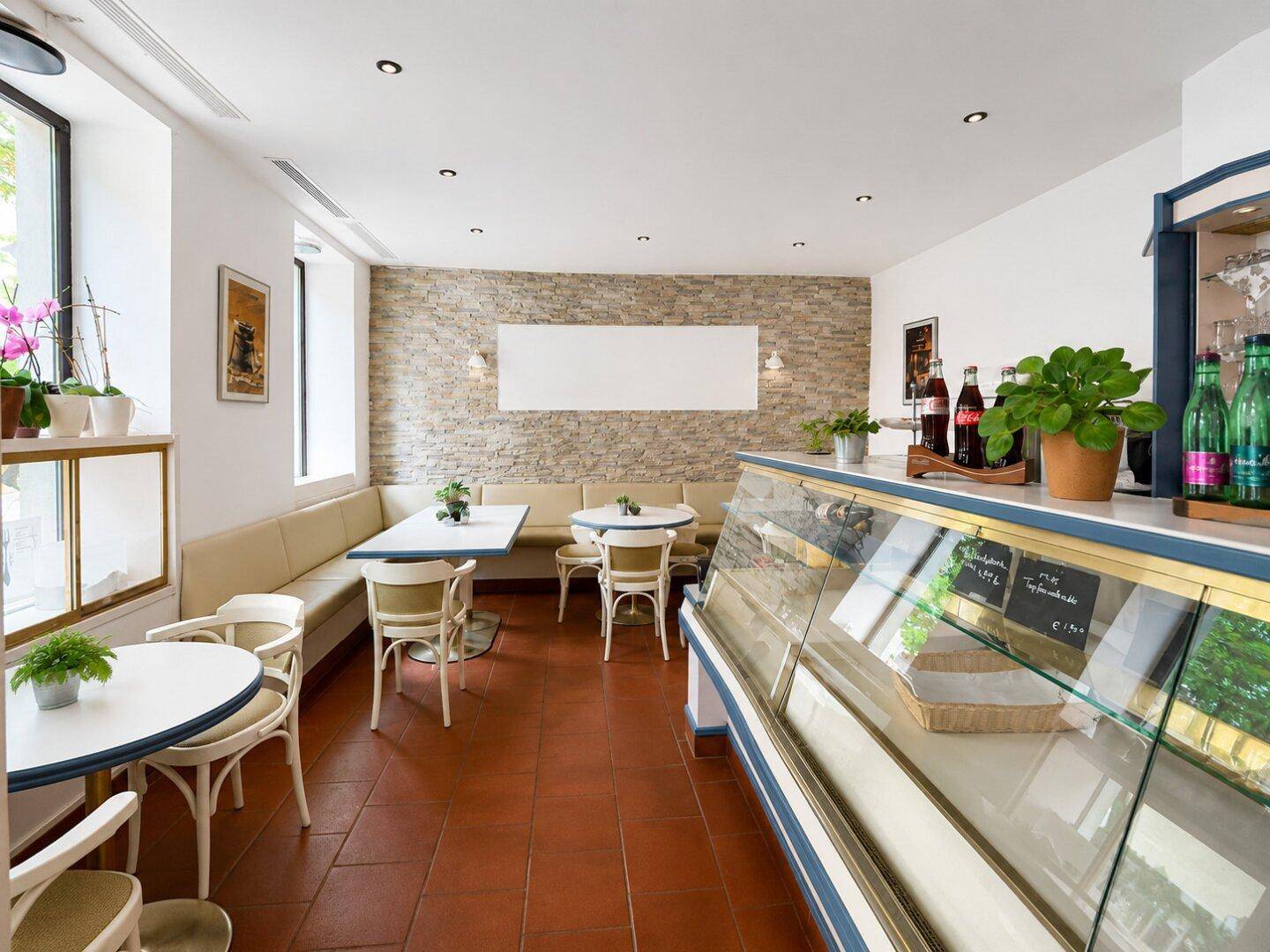 Café-Bereich mit Steinwand-Akzent, beigen Sitzbänken und einer langen Verkaufstheke, hell und einladend gestaltet.