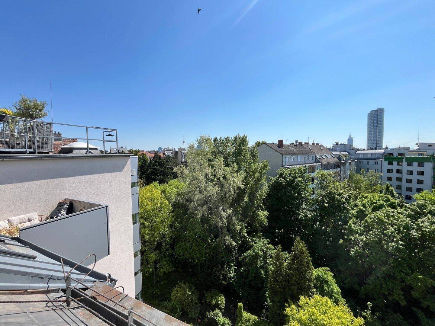 Panoramablick von einer Dachterrasse über die Stadt mit viel Grün und blauem Himmel an einem sonnigen Tag.