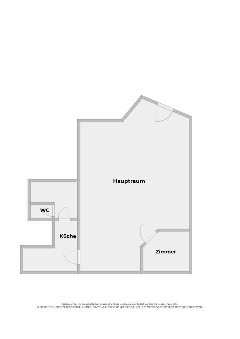 Grundriss zeigt Hauptraum, Küche, Zimmer und WC mit klarer Raumaufteilung.
