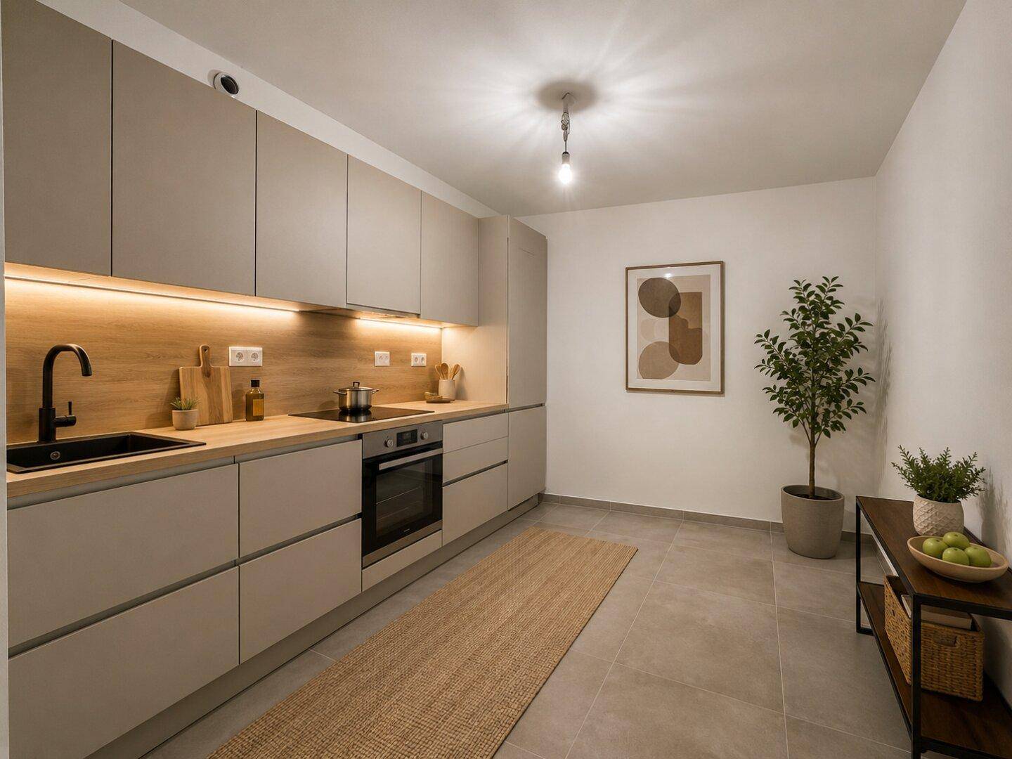 Moderne Einbauküche mit hellen Schränken, Holzdetails und integrierten Geräten, bereit zum Kochen.