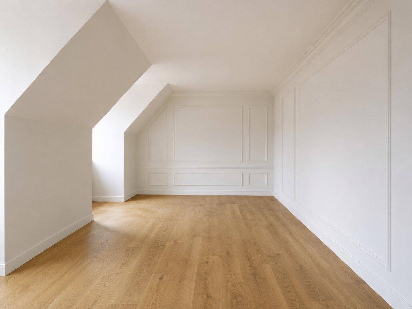 Renovierter Raum mit elegantem Fischgrätparkett, weißen Wänden und dekorativen Wandpaneelen im Dachgeschoss.