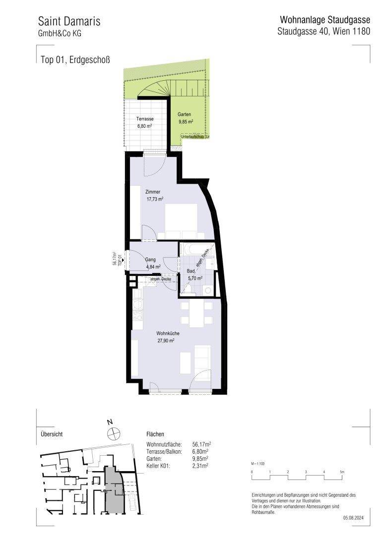 Grundriss einer Erdgeschosswohnung mit offener Wohnküche, Schlafzimmer, Bad, Terrasse und Garten.
